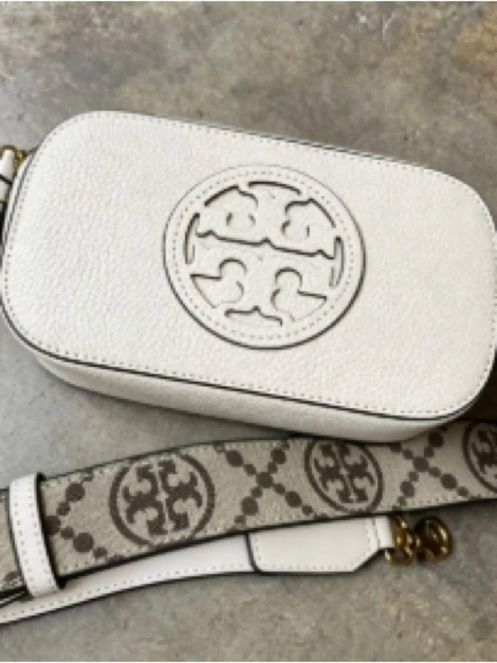 Tory Burch White Pebbled Leather Camera Bag with Logo Strap